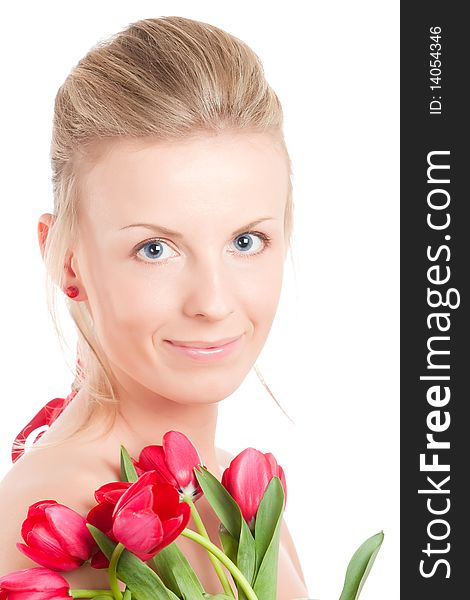 Young woman with bunch of tulip flowers. Isolated over white. Young woman with bunch of tulip flowers. Isolated over white