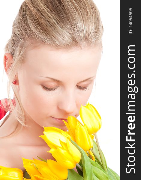 Young woman with bunch of tulip flowers. Isolated over white. Young woman with bunch of tulip flowers. Isolated over white