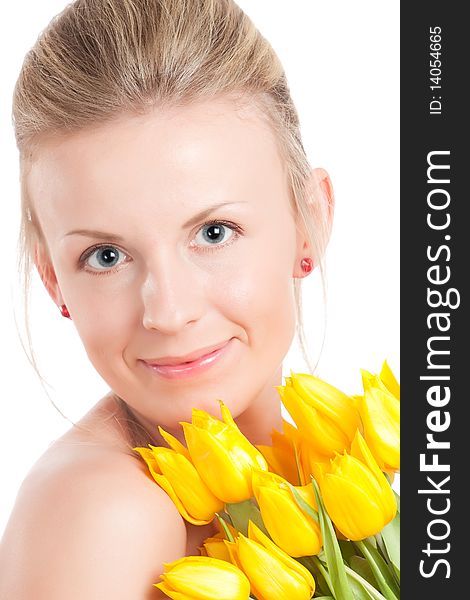 Young woman with bunch of tulip flowers. Isolated over white. Young woman with bunch of tulip flowers. Isolated over white