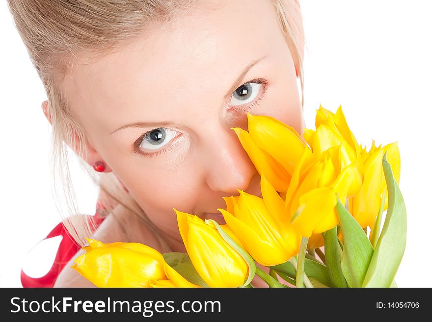 Young woman with bunch of tulip flowers. Isolated over white. Young woman with bunch of tulip flowers. Isolated over white