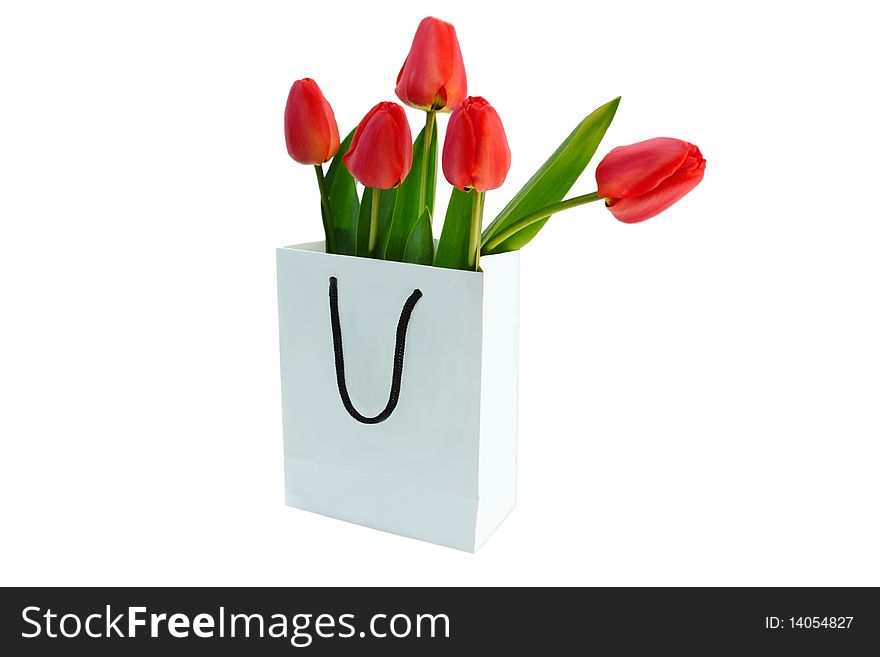 Red spring flowers in a paper bag