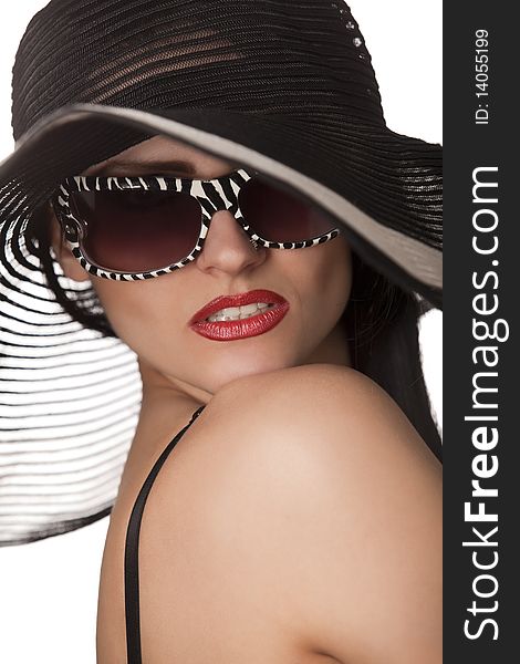 Model In Striped Hat And Sunglasse