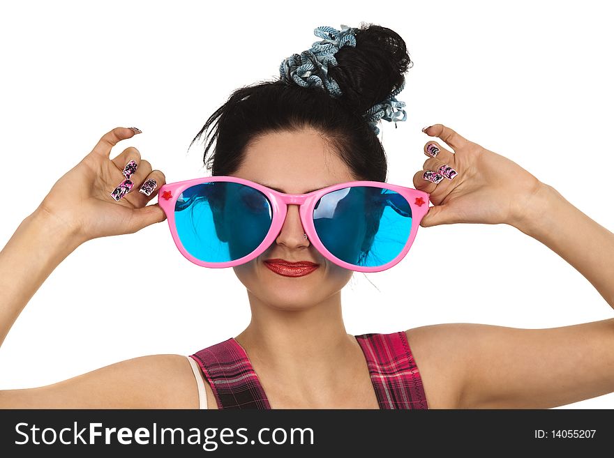 Smiling funny Girl Wearing Large pink Eyeglasses
