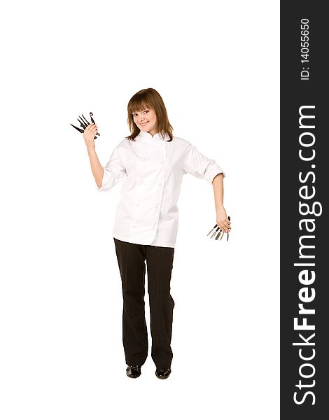 Cook girl holding many knife