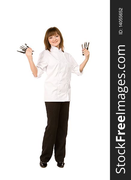 Cook girl holding knives isolated on white background