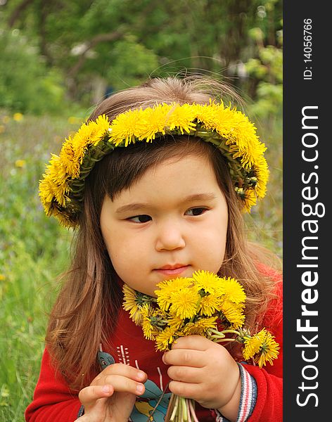 Little girl wearing a dandelion diadem and holding a bouquet of dandelions