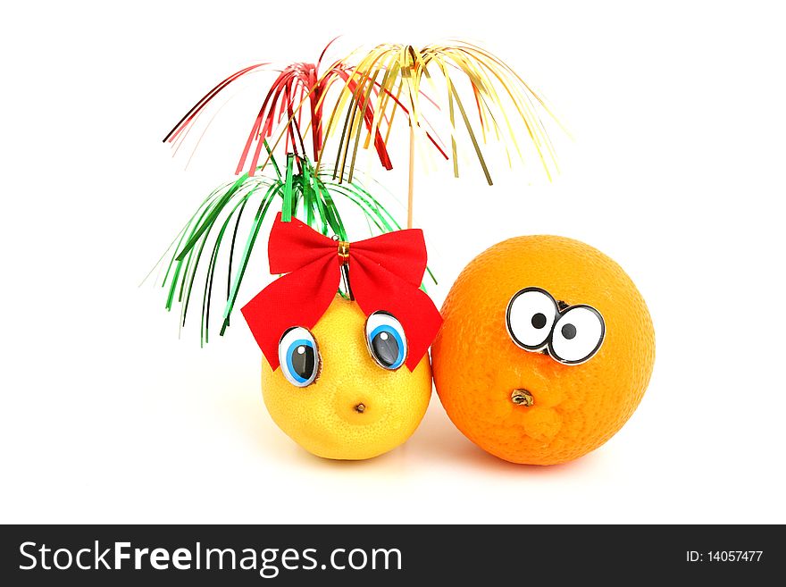 Funny orange and lemon  on white background