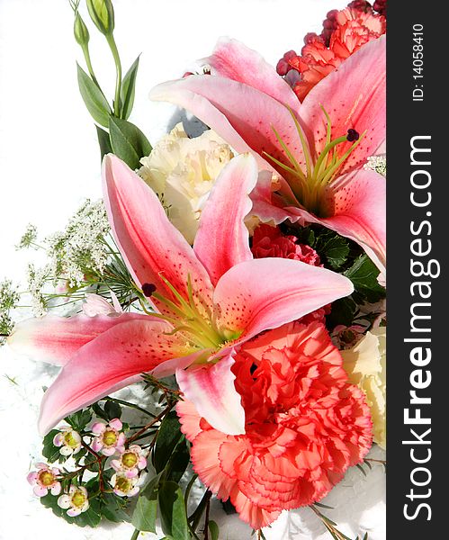 Beautiful Lily and Rose bouquet isolated on white. Beautiful Lily and Rose bouquet isolated on white