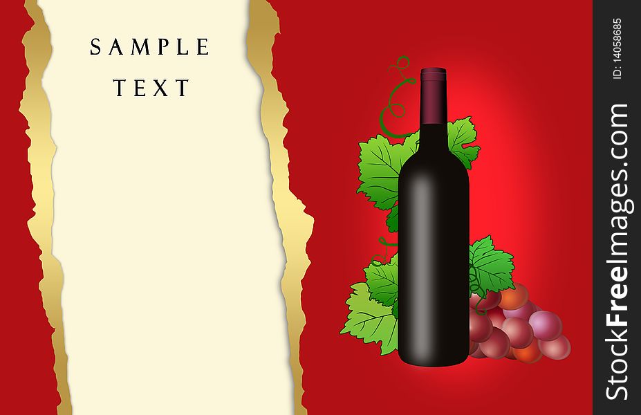 Illustration of vine and bottle of wine on the lacerated piece of paper for inscription