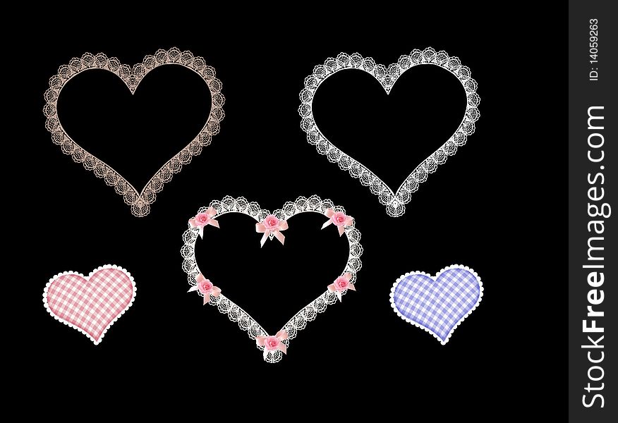 Fancy lace hearts isolated on black background in vector format. Fancy lace hearts isolated on black background in vector format