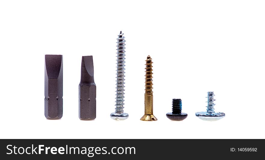 A lot of screw and tools isolated on white