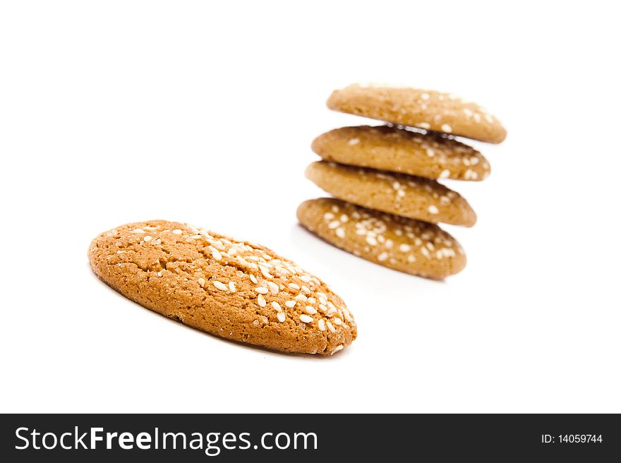 A stack of chocolate chip cookies isolated on a white background