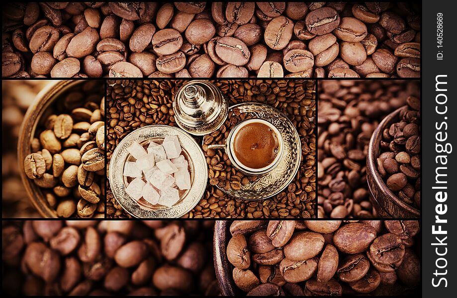 Traditional Turkish coffee collage photo. Hot drink.