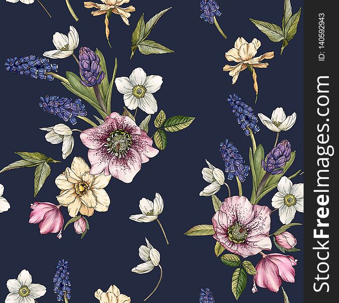 Floral seamless pattern with watercolor narcissus, muscari and hellebore on the navy. Background with spring flowers