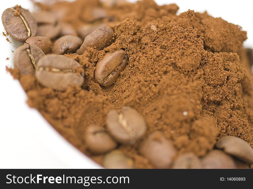 Coffee beans and ground coffee.