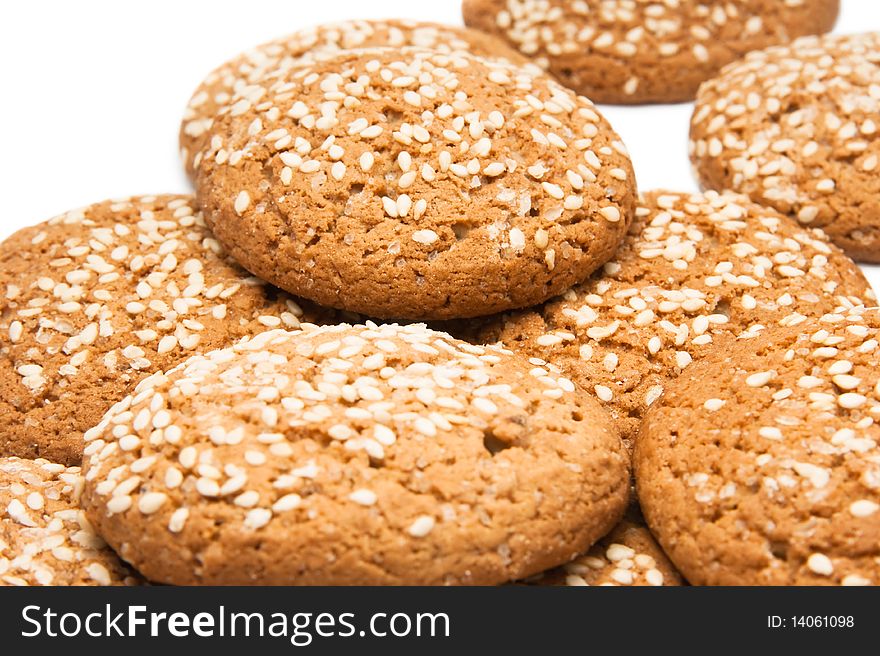 A pile of chocolate chip cookies isolated on a white background