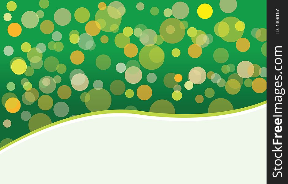 Spring postcard with colorful transparent bubbles on green and white background. Spring postcard with colorful transparent bubbles on green and white background