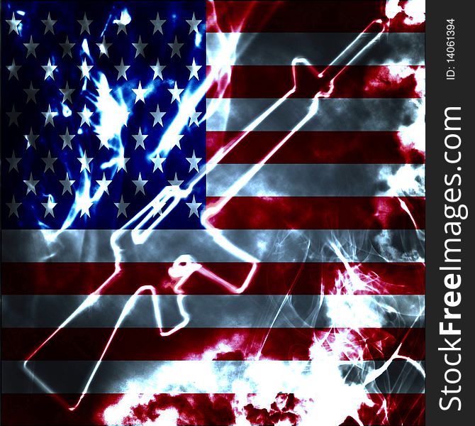 Illustartion of automatic gun in the smoke and usa flag. Illustartion of automatic gun in the smoke and usa flag