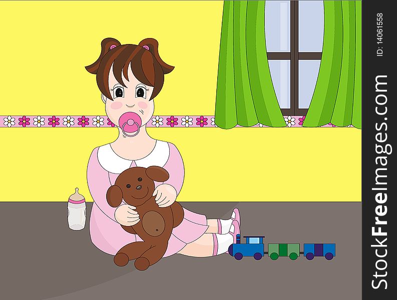 Baby girl sitting on the floor of her room, holding her teddy bear. Baby girl sitting on the floor of her room, holding her teddy bear.