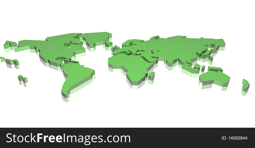 Simple World Map in 3D, green on white background