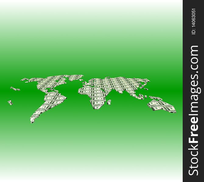 Earth Map In Dollar Banknotes On Green Background