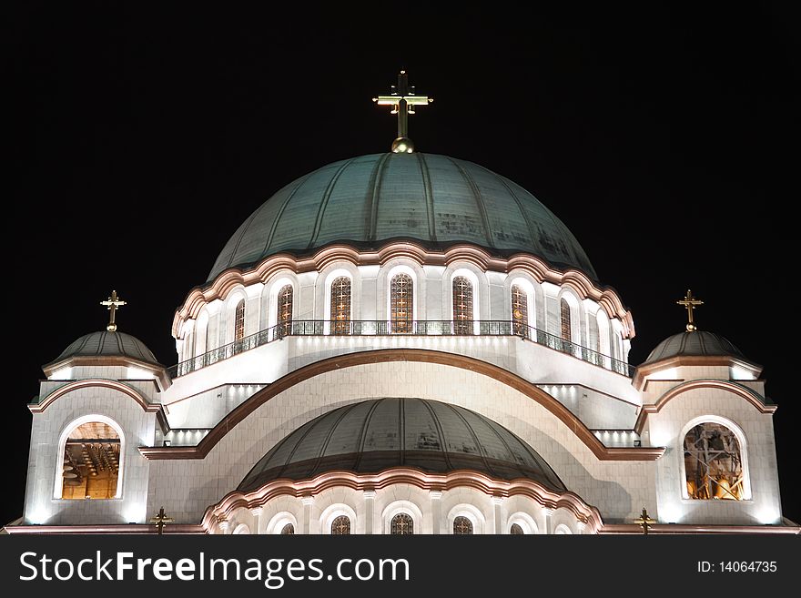 Night photo of the Orthodox Cathedral of Saint Sava in Belgrade, Serbia, largest Orthodox church building in the world