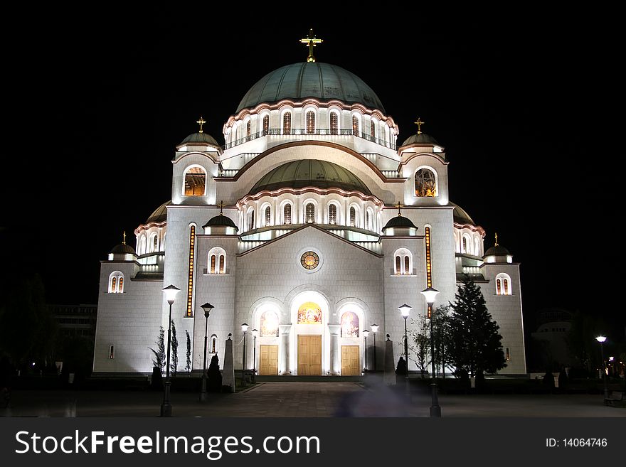 Night photo of the Orthodox Cathedral of Saint Sava in Belgrade, Serbia, largest Orthodox church building in the world