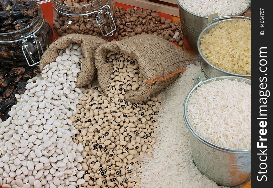 Misc raw legumes like haricots, rice, wheat and chick pea. Misc raw legumes like haricots, rice, wheat and chick pea