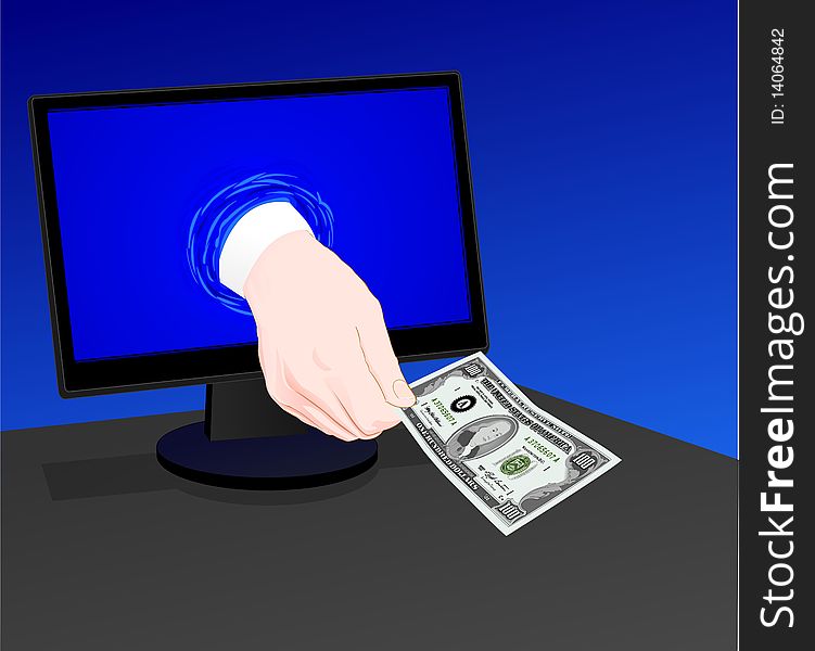 E-commerce:The hand from the computer gives money, illustration