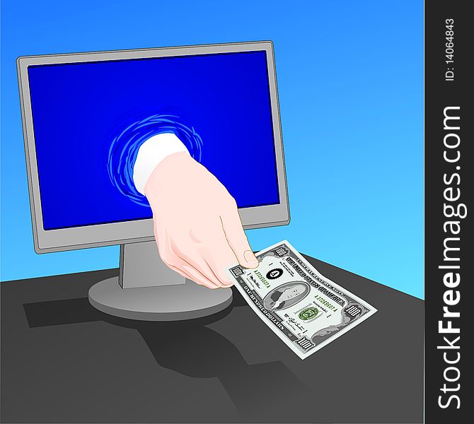 E-commerce:The hand from the computer gives money, illustration