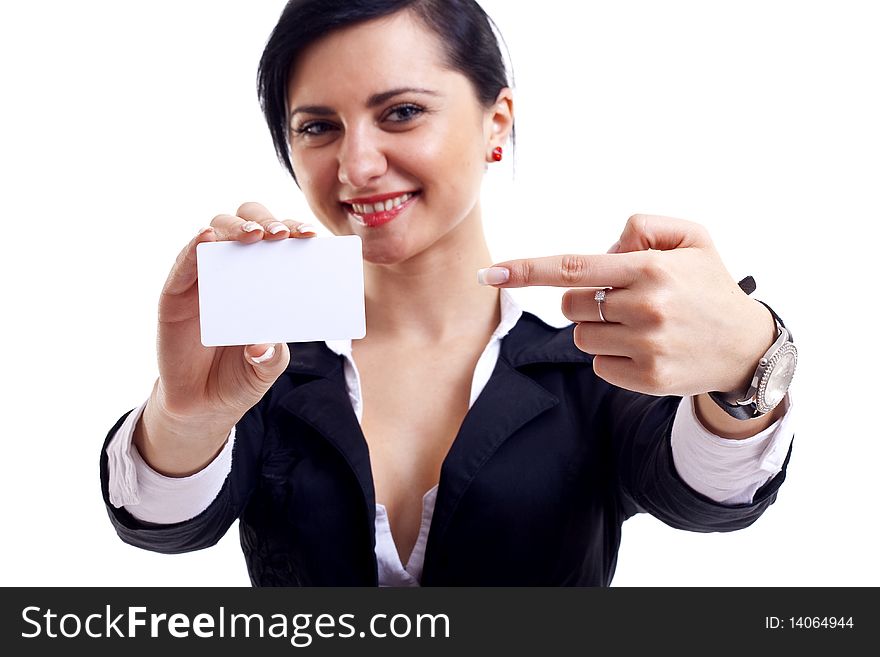 Studio shot of Businesswoman presenting her business card. Studio shot of Businesswoman presenting her business card