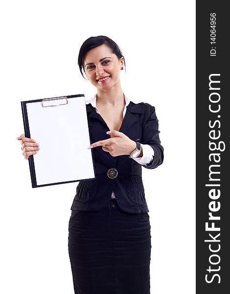 Business woman displaying a notebook at the office