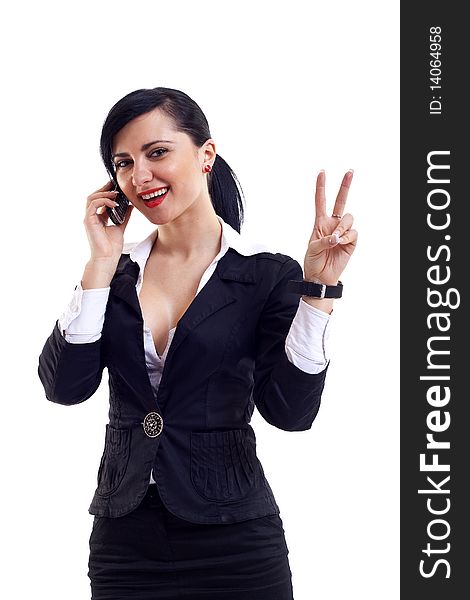 Happy businesswoman with phone and victory gesture, isolated