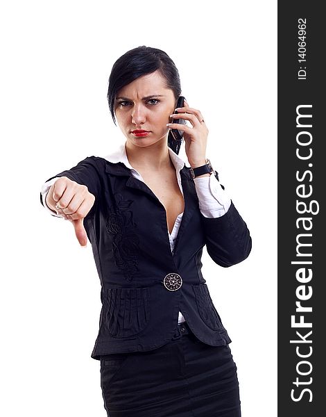 Woman with thumb down gesture and mobile phone