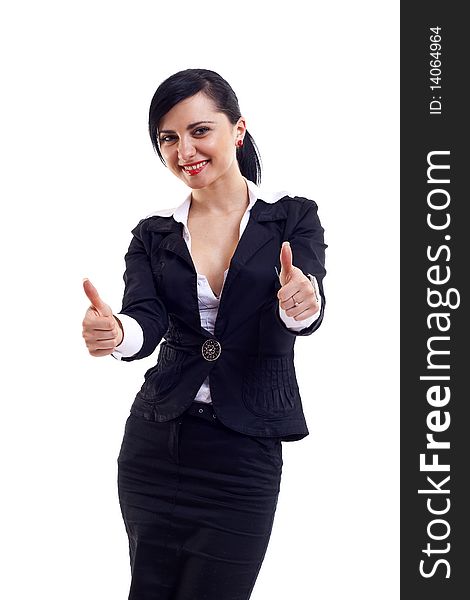 Businesswoman giving thumbs up isolated on white white background.