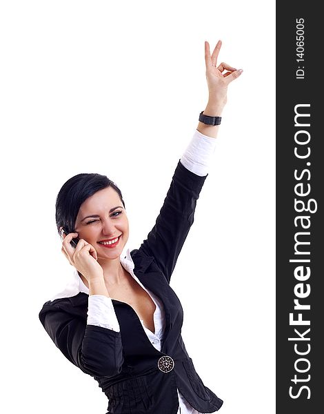 Attractive businesswoman on the phone winning over white. Attractive businesswoman on the phone winning over white