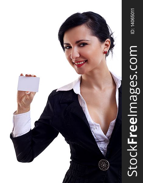 Businesswoman with blank card over white background. Businesswoman with blank card over white background