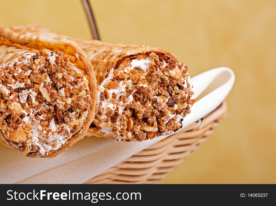 Wafer rolls stuffed by cream. Wafer rolls stuffed by cream