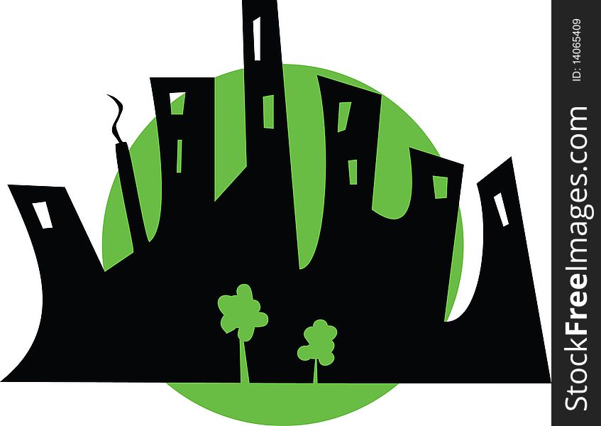 Black silhouette of a city and green trees