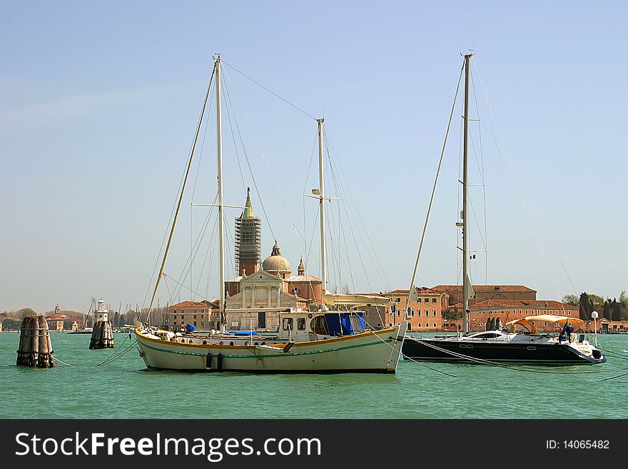 Yachts on Grand Canal in front of San Giorgio Maggiore church in Venice, Italy. Yachts on Grand Canal in front of San Giorgio Maggiore church in Venice, Italy.