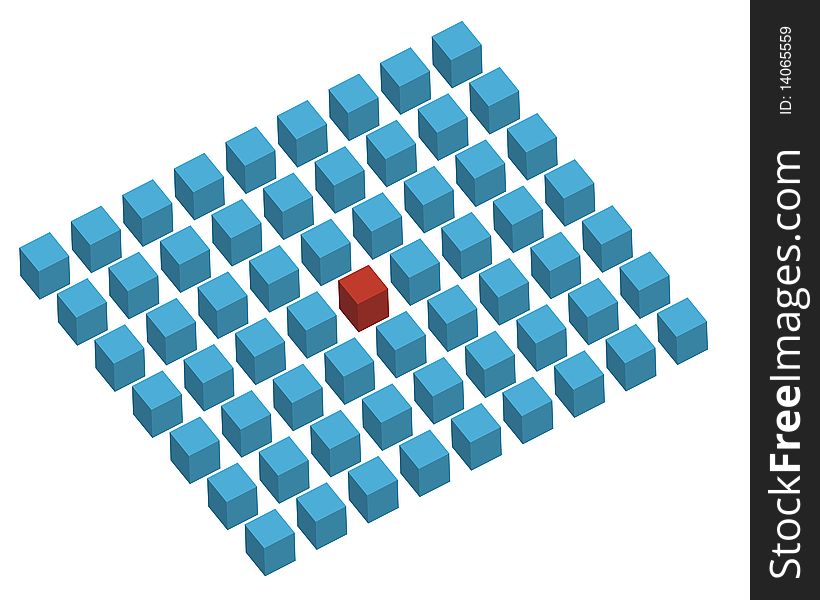 Rows of cubes with single red cube in center. Rows of cubes with single red cube in center