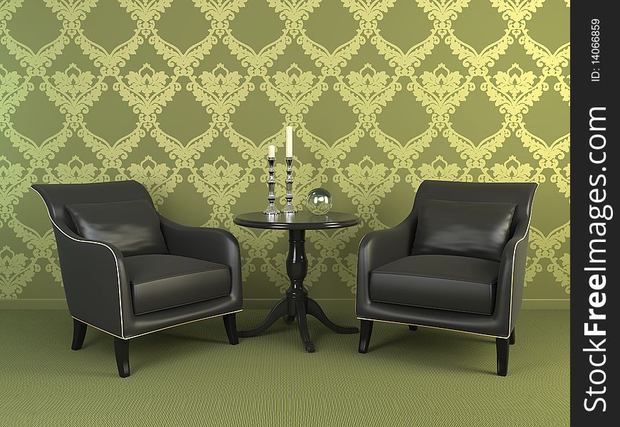 3D interior scene with two armchairs. 3D interior scene with two armchairs.