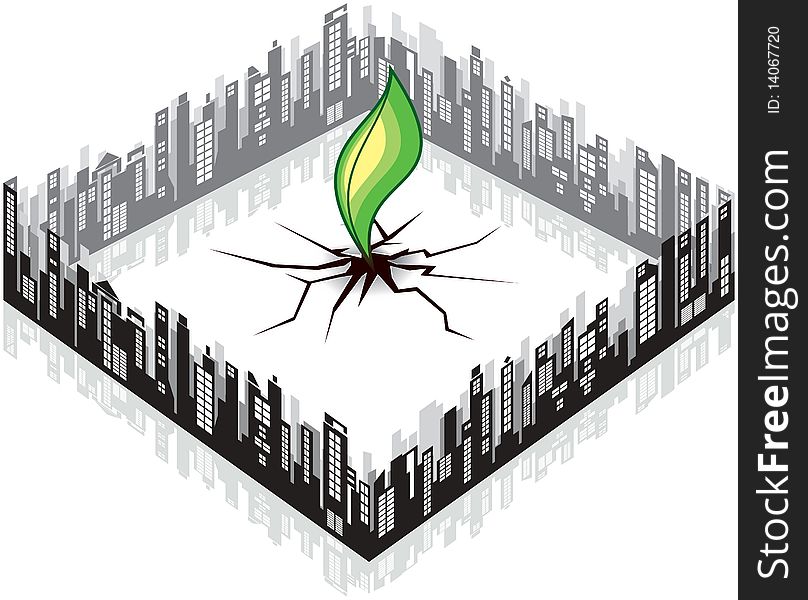 Illustration of cityscape with green leaf. Illustration of cityscape with green leaf