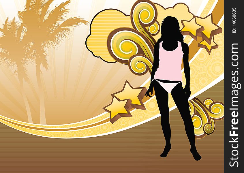 A beach etro themed background with a female silhouette. A beach etro themed background with a female silhouette