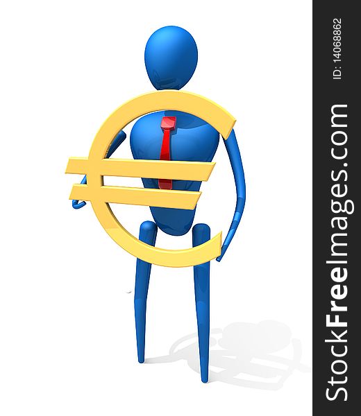 3d person with a gold euro sign. 3d image. Isolated white background.