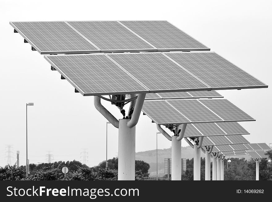 Facilities of solar energy on black and white