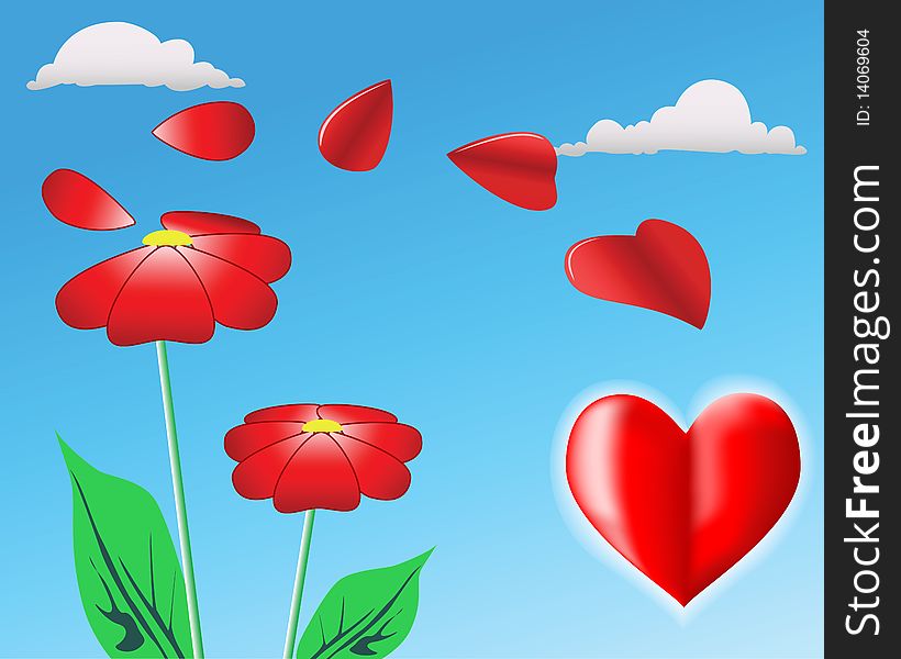 Two red flowers grow on a blue background. Two red flowers grow on a blue background