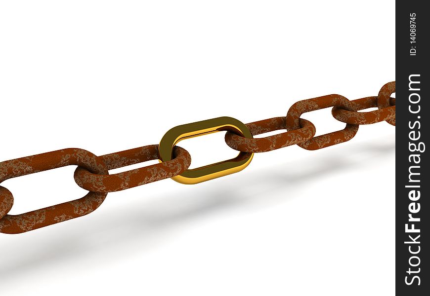 Individuality. Steel chain with rusty link isolated on white background. High quality 3d render.