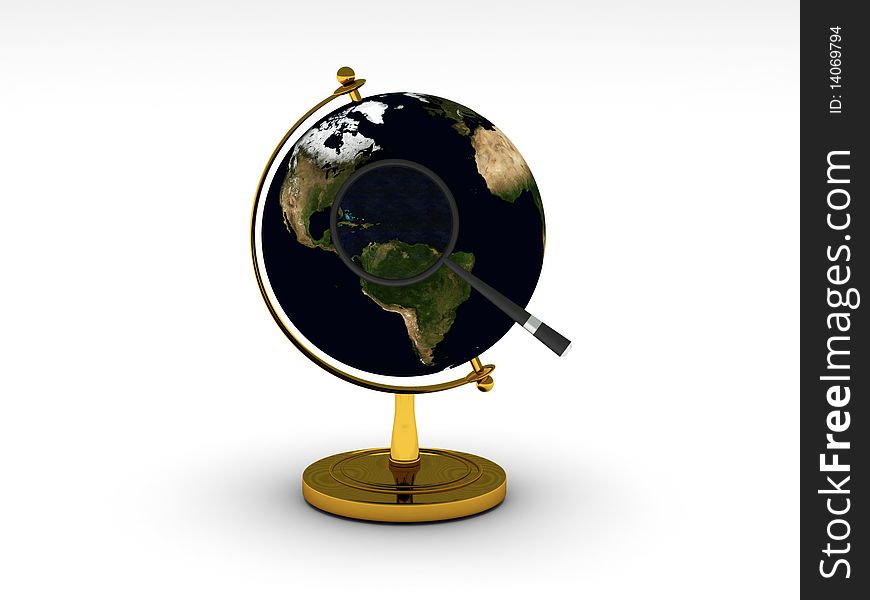 Global search. Globe and magnifying isolated on white background. High quality 3d render.