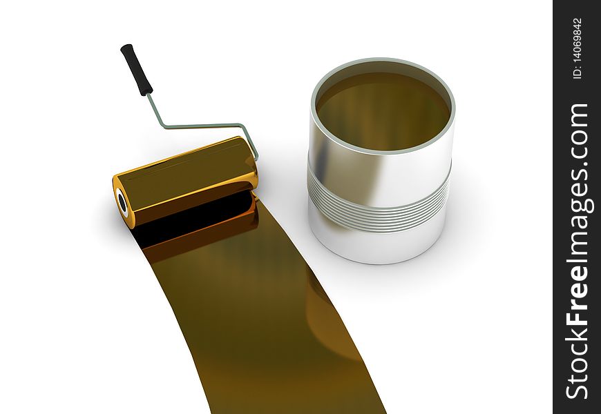 Golden paint. Roller and steel can isolated on white background. High quality 3d render.
